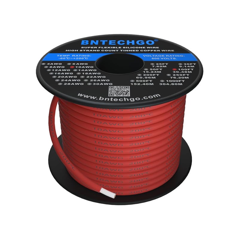 BNTECHGO 10 Gauge Silicone Wire Spool 100 ft Red Flexible 10 AWG Stranded Tinned Copper Wire - Image 1
